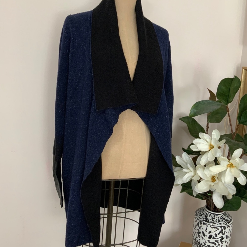 Vince Long Wool/Cashmere Blend Navy Blue/Black Sweater Coat Leather Cuffs sz S